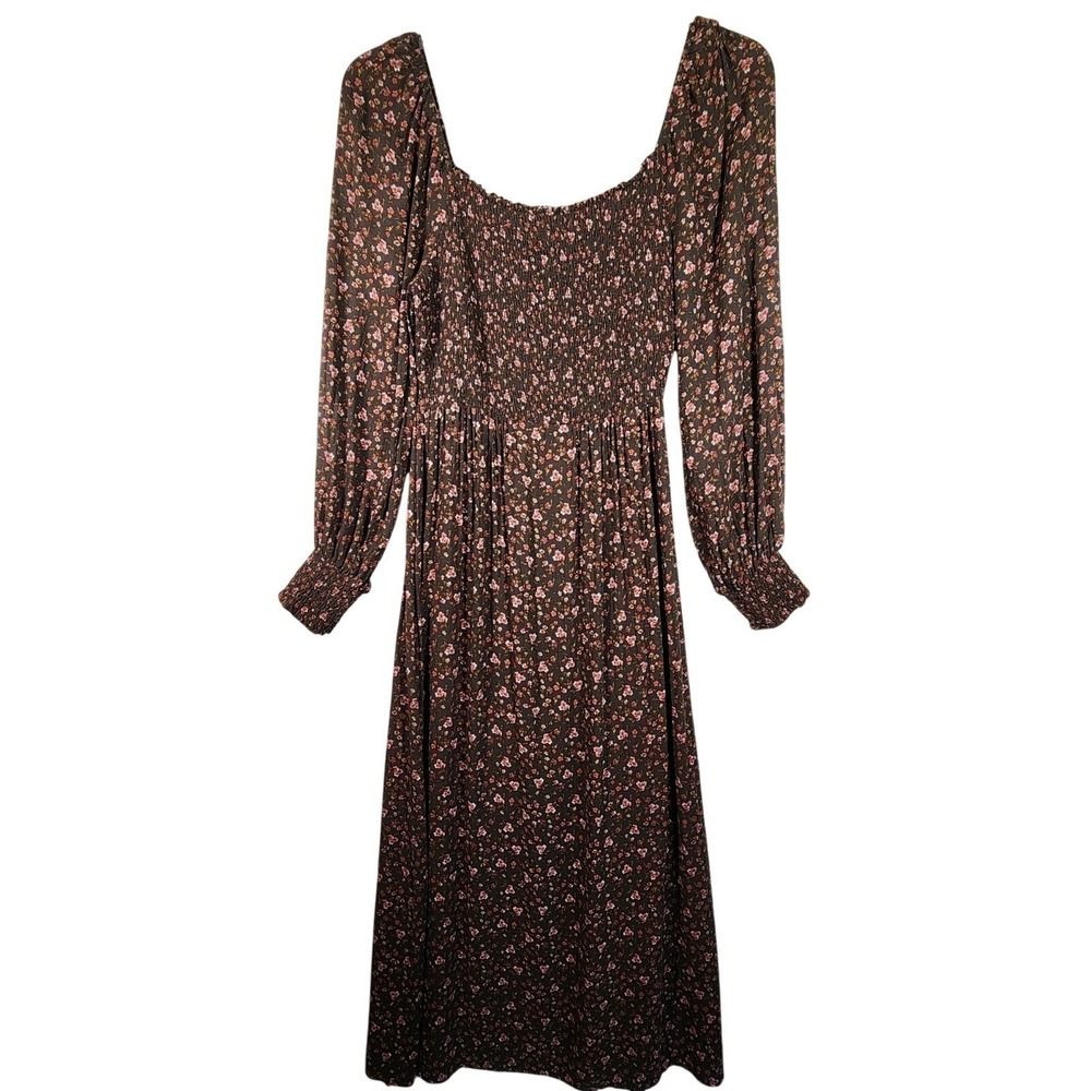 Lush Women Large Smocked Floral Maxi Dress Brown Pink Cottagecore Boho Prairie